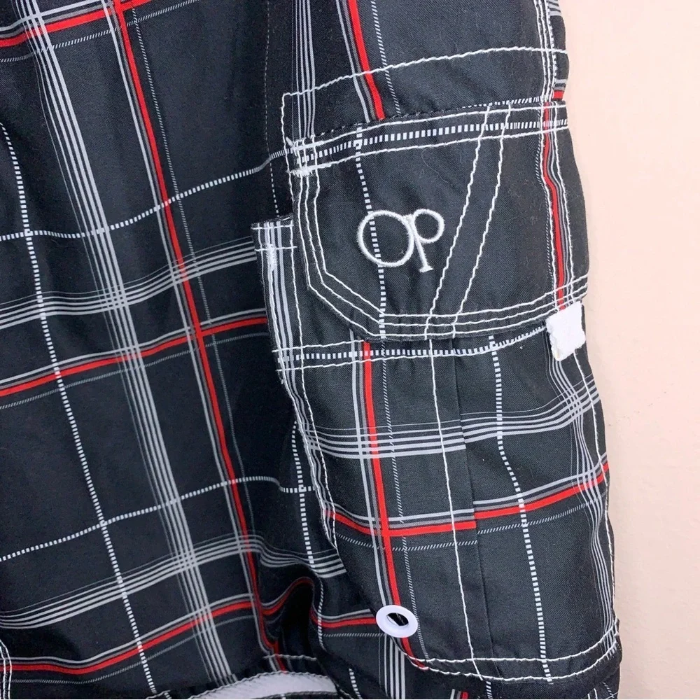 Medium OP Swim Board Trunks Shorts Black White Red Plaid Cargo Pockets